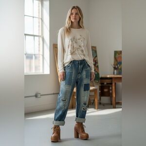 Magnolia Pearl Blue Patchwork Boyfriend Jeans OSFM